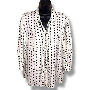 NEW Petite L Worthington White Black Polka Dot Blouse Bow Neckline 3/4 Sleeve